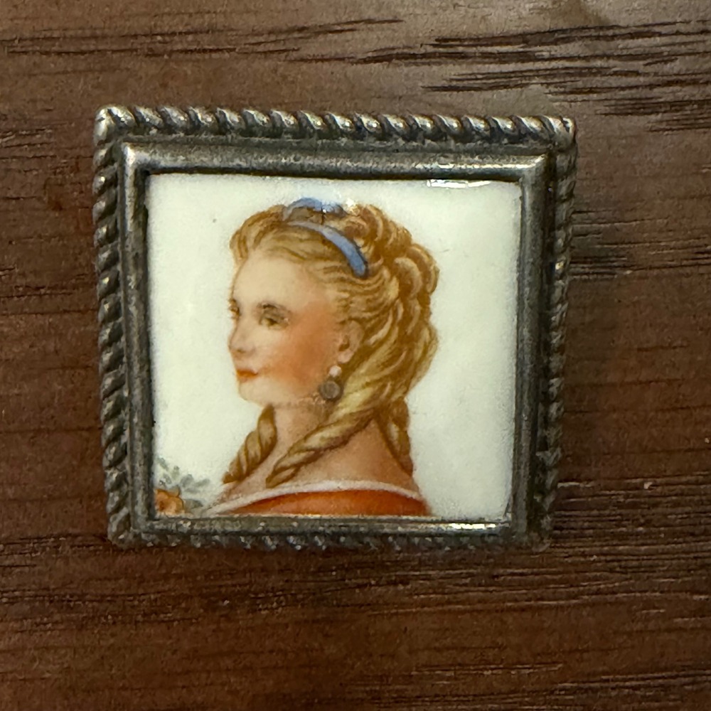 Vintage France Miniature Porcelain Portrait Brooch Pendant Square Rope Frame 1in